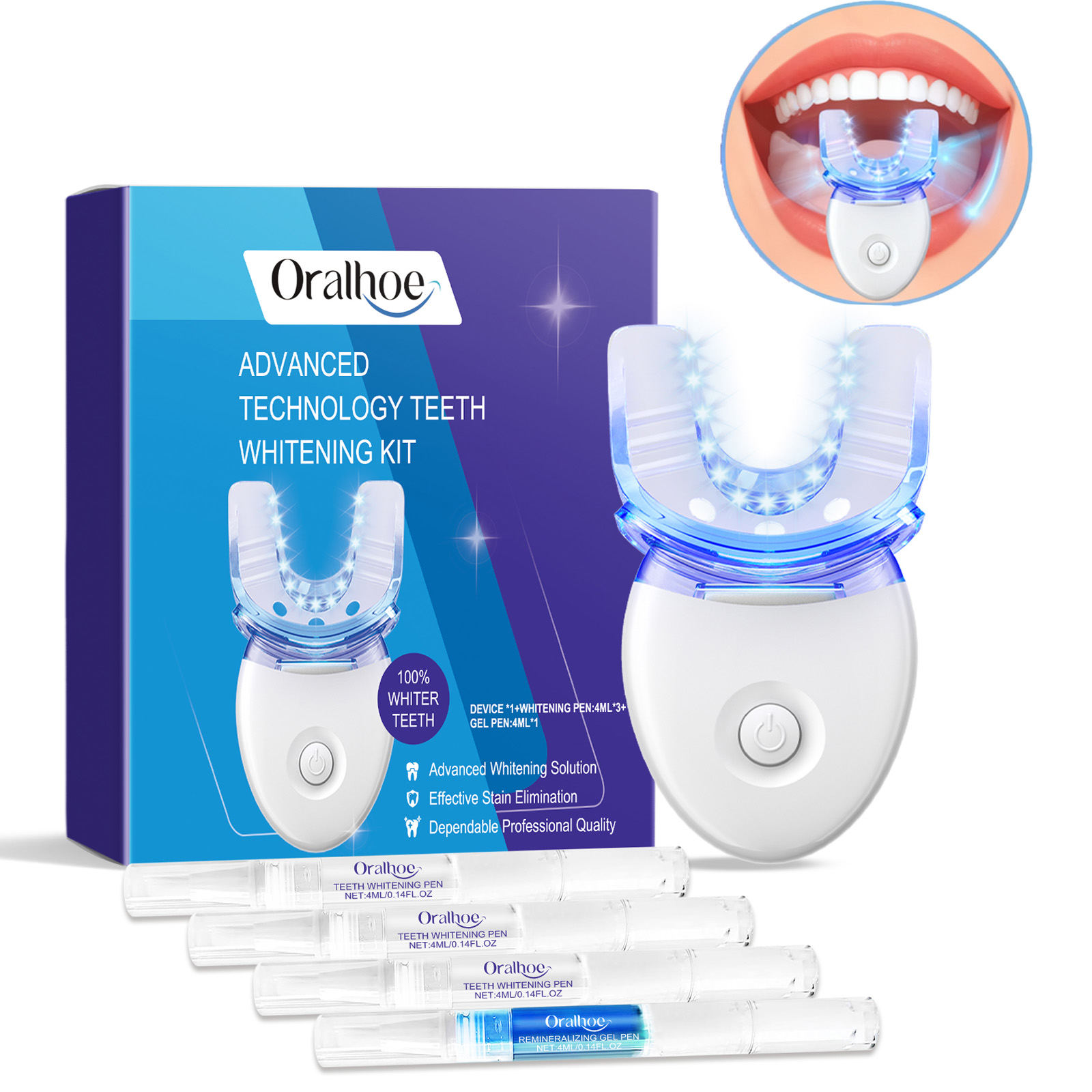 Teeth Whitening With Hydrogen Peroxide - ชุดอุปกรณ์ฟอกสีฟันแบบมืออาชีพด้วยแสง LED พร้อมเจลฟอกสีฟัน 4 เท่า ระบบเร่งการฟอกสีฟันด้วยแสงสีฟ้า